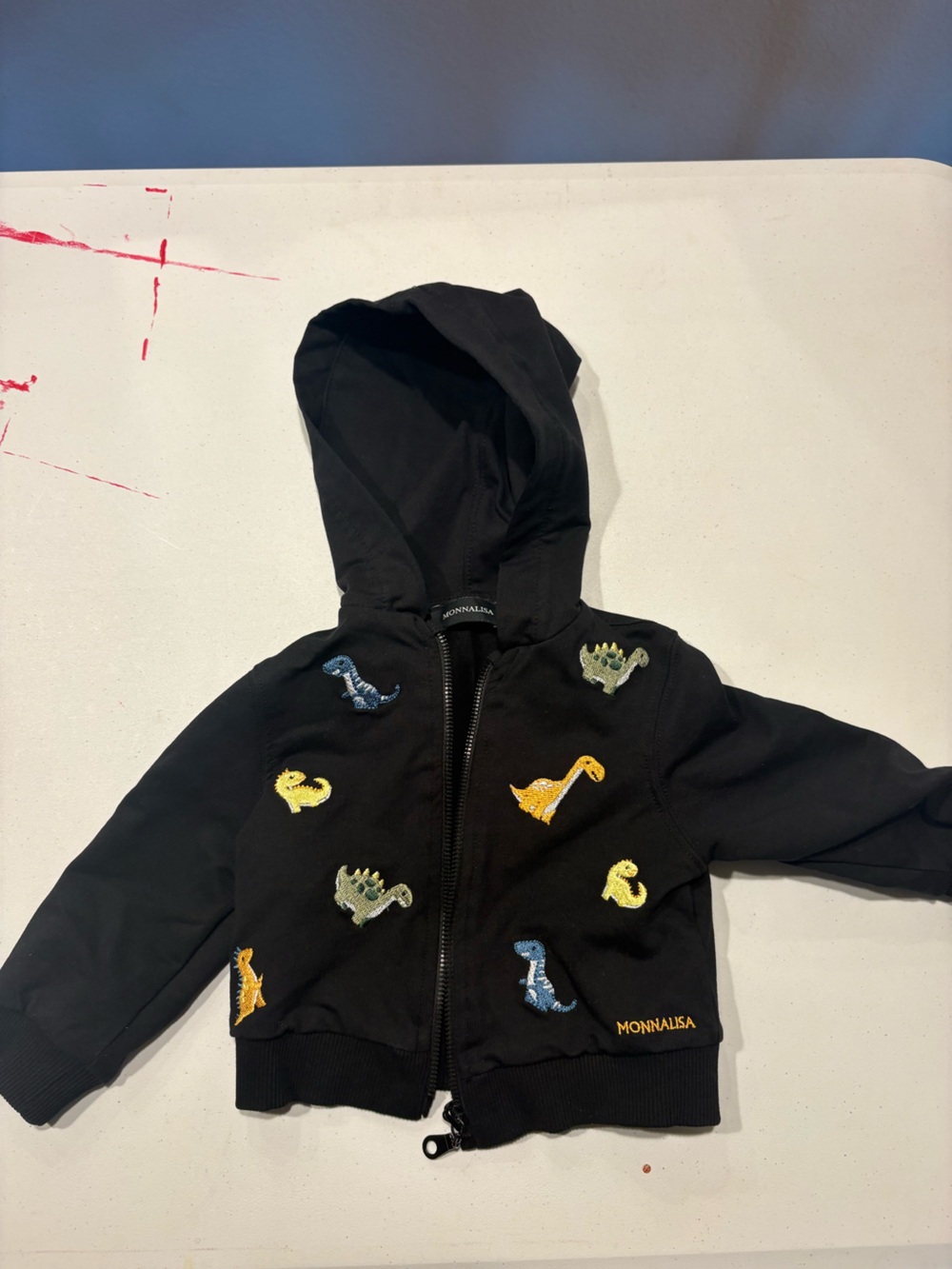 Kids MonnaLisa Black Hooded Jacket with Colorful Dino Patches